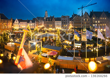 Christmas market decorated and illuminated in Bruges, Belgium. Christmas market decorated and illuminated in Bruges, Belgium. 136168266