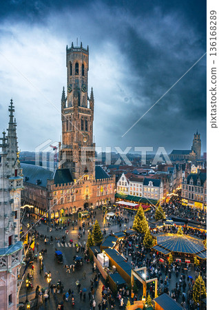 Christmas market decorated and illuminated in Bruges, Belgium. Christmas market decorated and illuminated in Bruges, Belgium. 136168289