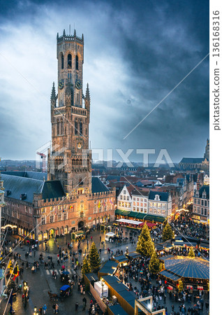 Christmas market decorated and illuminated in Bruges, Belgium. Christmas market decorated and illuminated in Bruges, Belgium. 136168316
