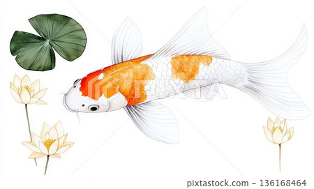 Colorful Koi Fish Swimming Among Water Lilies and Green Leaves in Artistic Illustration 136168464