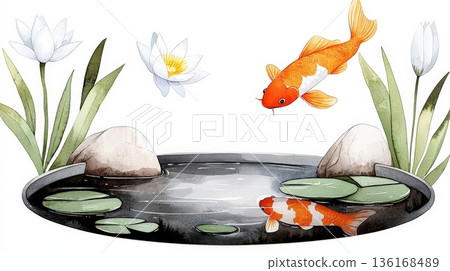 Colorful Koi Fish Swimming in Tranquil Pond Surrounded by Water Lilies and Rocks 136168489