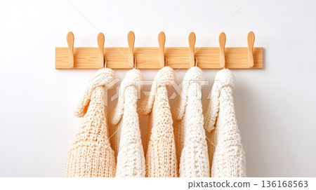 Cozy knitted sweaters hanging on wooden hook in warm neutral tones for autumn or winter decoration 136168563