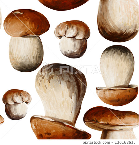 Seamless pattern with porcini mushrooms in various shapes and angles, isolated on a white background. Ideal for packaging, textiles, wallpaper, culinary. Watercolor illustration, hand painted.  136168633