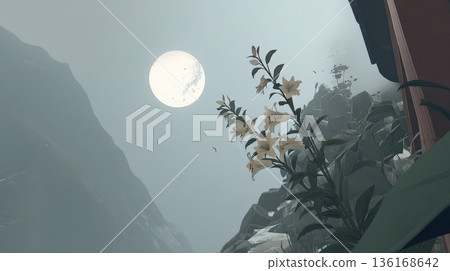 Serene Landscape with Blooming Flowers Under A Bright Moonlight in Misty Mountains 136168642