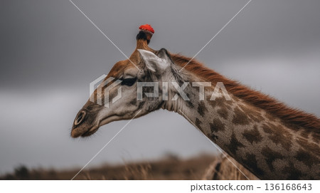 Giraffe Portrait with Red Hat Against Dramatic Cloudy Sky in Natural Environment 136168643