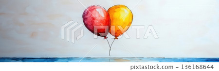 Colorful Red and Yellow Balloons Floating Above Calm Water in Soft Artistic Style 136168644