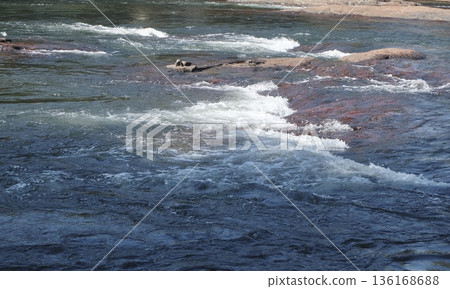 Dynamic blue river water flows powerfully around and over a collection of large, colorful rocks, creating white rapids and foamy textures in a serene landscape. Dynamic blue river water flows powerfully around and over a collection of large, colorful rocks, creating white rapids and foamy textures in a serene landscape. 136168688