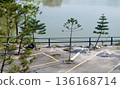 A lush hedge of green oleander leaves is dotted with delicate white blossoms, creating a vibrant natural scene. A dark metal railing and hints of pine trees frame. 136168714