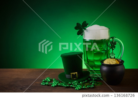 Green beer, leprechaun hat, gold coins for st. Patrick's day celebration 136168726