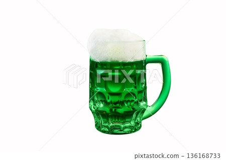 St. Patrick's day green beer mug with foam on white St. Patrick's day green beer mug with foam on white 136168733