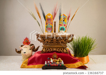 Losar tibetan new year traditional chemar offering ritual 136168737