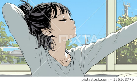 一位年輕女子關掉早晨的鬧鐘伸了個懶腰。 一位年輕女子關掉早晨的鬧鐘伸了個懶腰。 136168779