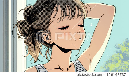 A young woman stretching after turning off her morning alarm 136168787