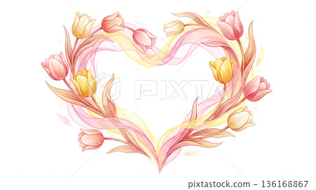 Abstract background with a heart formed by tulle and tulips. Valentine's Day Abstract background with a heart formed by tulle and tulips. Valentine's Day 136168867