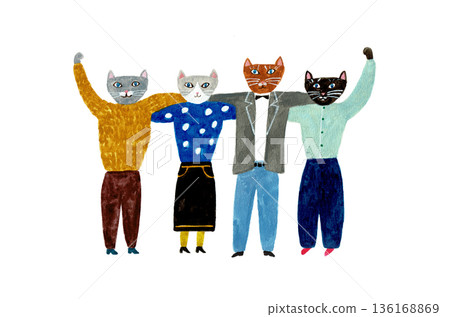 Hand-drawn illustration of cats lined up together 136168869