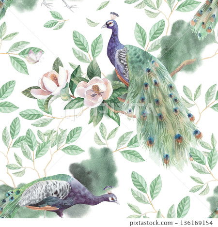 Seamless pattern of blooming magnolia and peacocks. Handmade watercolor illustration. For cards, cover, wallpaper, prints, product labels and fabric. Seamless pattern of blooming magnolia and peacocks. Handmade watercolor illustration. For cards, cover, wallpaper, prints, product labels and fabric. 136169154