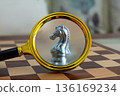 close-up of a  golden chess piece,  knight 136169234