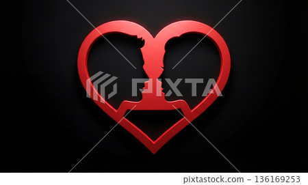 Red heart illustration with profile couple on dark background. Valentine's Day 136169253