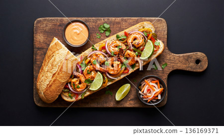 Baguette sandwich with shrimp on a wooden cutting board 136169371