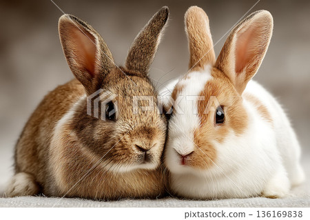 Two rabbits sitting close together on soft background. Two Adorable Rabbits Snuggled Together 136169838