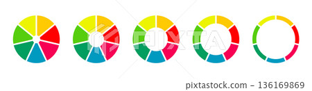 Pies segmented on 7 equal parts. Donut charts. Wheels divided in seven sections. Diagrams infographic multicolored. Pizza chart round icons layout. Circle section graph. Set of loading bar mockups. Pies segmented on 7 equal parts. Donut charts. Wheels divided in seven sections. Diagrams infographic multicolored. Pizza chart round icons layout. Circle section graph. Set of loading bar mockups. 136169869