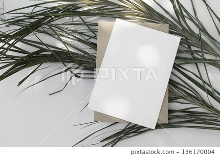 Blank White Paper Mockup, envelope. Palm Leaves on White Background in Sunlight. Minimal Flat Lay, Natural Shadows. Summer Design for Branding, Wedding, Easter Invitation. Stationery Template. 136170004