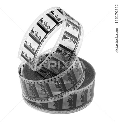 Film reel showing vintage black and white movie frames Film reel showing vintage black and white movie frames 136170222