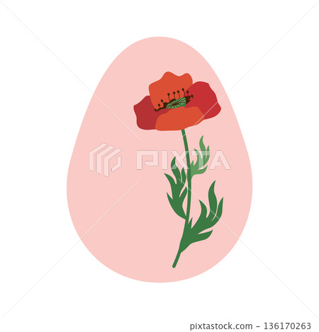 Easter egg with floral ornament, folk ornate illustration. Happy easter hand painted egg for spring holiday cards, tags 136170263