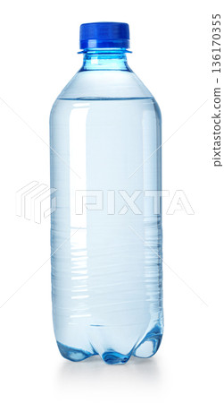 Plastic water bottle with blue cap providing hydration Plastic water bottle with blue cap providing hydration 136170355