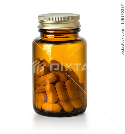 Amber glass bottle containing medicine tablets Amber glass bottle containing medicine tablets 136170357