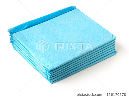Stack of blue absorbent pet training pads 136170378