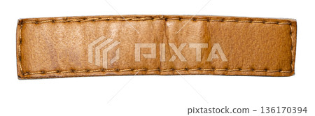 Brown leather blank label tag with prominent stitching 136170394