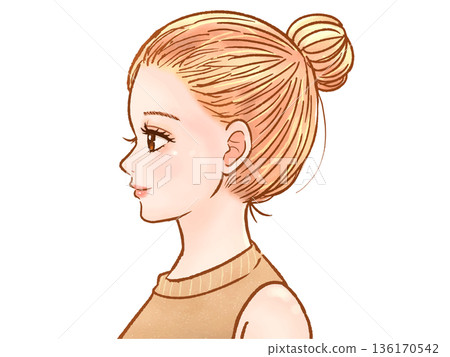 一位梳著髮髻的成年女性側面像插圖 一位梳著髮髻的成年女性側面像插圖 136170542