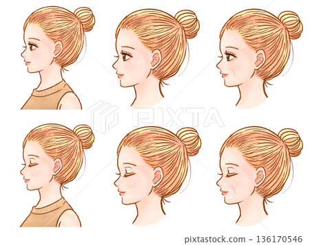 一組梳著髮髻的成年女性側臉插畫素材。 一組梳著髮髻的成年女性側臉插畫素材。 136170546