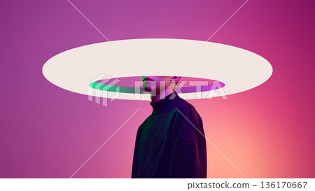 Conceptual poster abstract ring head fashion portrait. Conceptual poster abstract ring head fashion portrait. 136170667