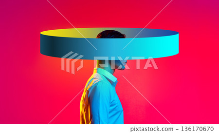 Vivid mixed media circular halo male head portrait. Vivid mixed media circular halo male head portrait. 136170670
