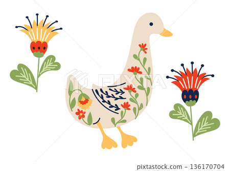 Folk style goose with floral ornament isolated on white background in flat hand drawn vector illustration. The image represents nature, countryside, spring mood and traditional decorative animal art Folk style goose with floral ornament isolated on white background in flat hand drawn vector illustration. The image represents nature, countryside, spring mood and traditional decorative animal art 136170704