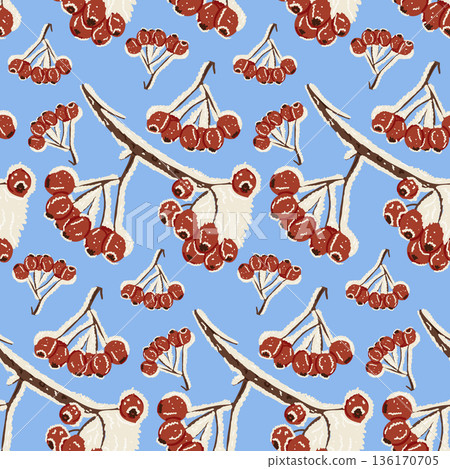 Hand drawn seamless pattern with winter berry branches covered with snow on blue background in folk style vector illustration. The image represents winter nature, seasonal decor and cozy design Hand drawn seamless pattern with winter berry branches covered with snow on blue background in folk style vector illustration. The image represents winter nature, seasonal decor and cozy design 136170705