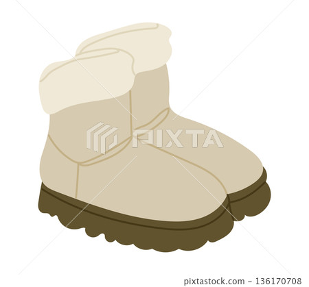 Hand drawn cozy winter boot with soft fur lining and thick sole isolated on white background in flat vector illustration. The image represents warmth, comfort, cold season footwear and lifestyle Hand drawn cozy winter boot with soft fur lining and thick sole isolated on white background in flat vector illustration. The image represents warmth, comfort, cold season footwear and lifestyle 136170708