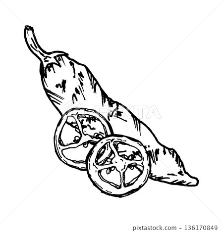 Black and white vector illustration of hot chili pepper and sliced pieces. Hand drawn spicy food in ink line art style for restaurant menu, food packaging, cooking concepts and cuisine related designs Black and white vector illustration of hot chili pepper and sliced pieces. Hand drawn spicy food in ink line art style for restaurant menu, food packaging, cooking concepts and cuisine related designs 136170849
