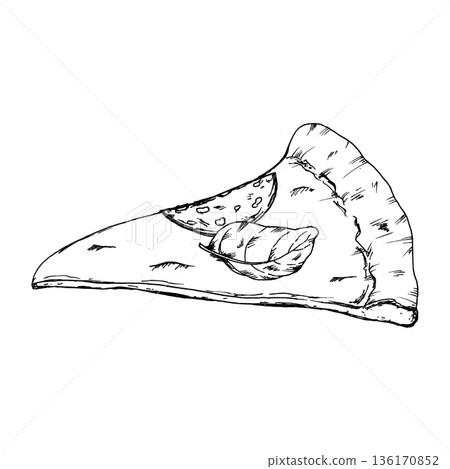 Black and white vector illustration of pizza slice with cheese, sausage, basil leaf. Hand drawn food in ink line art style for restaurant menus, food packaging, Italian cuisine, cooking concepts Black and white vector illustration of pizza slice with cheese, sausage, basil leaf. Hand drawn food in ink line art style for restaurant menus, food packaging, Italian cuisine, cooking concepts 136170852