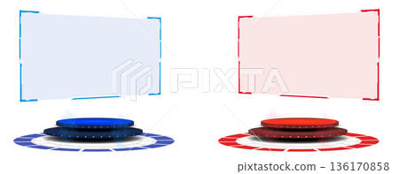 Two circular platforms are set up for displaying digital content. One platform is blue, the other is red. Both have blank screens ready for use. The setup is simple and clear. 136170858