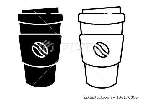 Coffee cup icon. Black and white  silhouette of disposable coffee cup, isolated on white background. 136170860