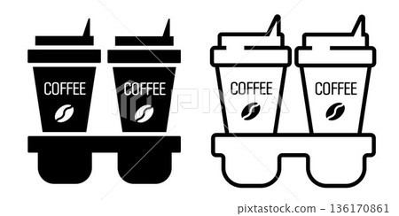 Coffee cup icon. Black and white  silhouette of disposable coffee cup, isolated on white background. 136170861