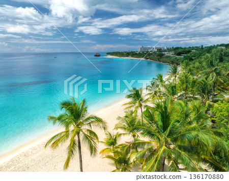 Aerial view of sandy beach, palm trees, umbrellas, boats, sea 136170880