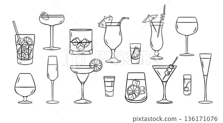 Large vector set of alcoholic beverages and summer cocktails. Simple black and white doodle icons in sketch style for menu design Large vector set of alcoholic beverages and summer cocktails. Simple black and white doodle icons in sketch style for menu design 136171076