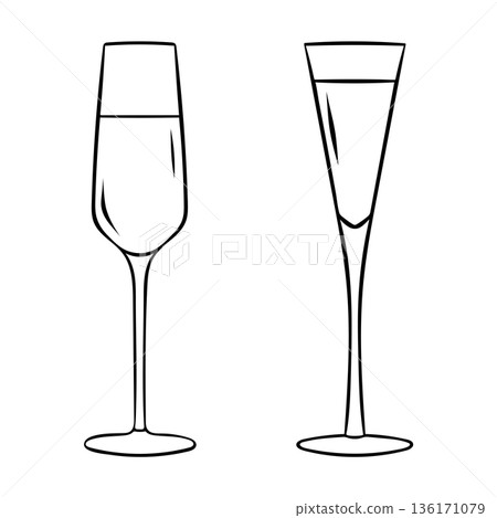 Black and white icon of a champagne flute, hand-drawn doodle style. Celebration drink symbol for event graphics, menu or bar branding 136171079