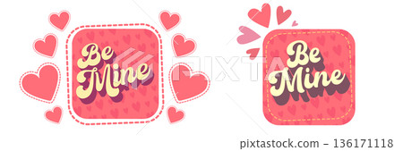 Pink Be Mine Valentine s Day banner with hand-drawn heart pattern and dashed line border. Romantic horizontal template for holiday greetings, stickers, and gift packaging isolated on white Pink Be Mine Valentine s Day banner with hand-drawn heart pattern and dashed line border. Romantic horizontal template for holiday greetings, stickers, and gift packaging isolated on white 136171118