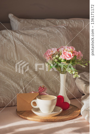 Romantic Breakfast in Bed with Coffee and Flowers. Cozy Valentines Day Lifestyle 136171172