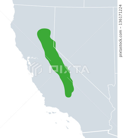 Sierra Nevada, political map. Mountain range in Western United States, between Central Valley of California and Great Basin. The vast majority is located in California. Isolated illustration. Vector 136171224